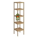 Bellamio Newa Badregal – Bambus Regal mit 5 Ablageflächen – Badezimmerschrank lackiert – Holzregal stehend für Badezimmer – Standregal schmal – offener Badschrank Natur – Badezimmermöbel 140x33x33 cm