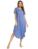 Nieery Nachthemd Damen Kurzarm Schlafshirt Lang Sommer Nachtkleid Baumwolle Sleepshirt V-Ausschnitt Nachtwäsche Große Größen Lässig Strandkleid mit Taschen Blau XXL