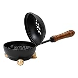 Räucherpfanne aus Eisen mit HOLZGRIFF – kleines RÄUCHERPÄNNCHEN Ø 8 cm mit SIEBEINSATZ – ca. 22 cm lang – schwarz mit goldlackierten Füßen – handgefertigtes RÄUCHERZUBEHÖR von MaMeMi