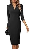 HOMEYEE Damen Elegant V-Ausschnitt 3/4 Ärmel Cocktail Retro Bodycon Bleistiftkleid Business Midi Etuikleid B760 (L, Schwarz)