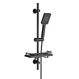 Görbach Edelstahl Duschset mit Duschablage, Brausestangeset 70cm Duschstange mit Duschkopfhalterung und Schlauch für Badezimmer Rechteckig Matt Schwarz