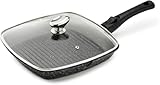 Pradel Excellence, PCUI001022, Grillpfanne aus Aluminiumguss 28x28cm, Deckel aus Glas, Antihaftbeschichtung in Steinoptik, Abnehmbarer Griff, Alle Herdarten