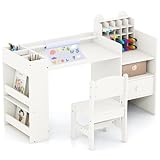 DREAMADE Kindertisch mit Stuhl, Kinder Tisch Stuhl Set mit Abnehmbarer Papierrolle, Regal & Schublade, Kindersitzgruppe zum Lesen, Zeichnen, Basteln, Kunsttisch Schreibtisch für Kinderzimmer, Weiß