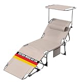 Klappbarer Liegestuhl, 69 cm breite Sonnenliege mit Dach, wetterfest, mit verstellbarer Rückenlehne & Kopfkissen, bis 150 kg belastbar, ideal für Garten, Terrasse, Pool & Camping, Elfenbein