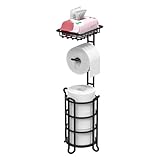 TreeLen Toilettenpapierhalter freistehend mit Ablage, Toilettenpapierständer mit Aufbewahrung für Reserve Mega Rolls, Badezimmer-Organizer, Schwarz