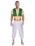 Agoky Herren Arabischer Prinz Kostüm Satin Weste + lange Hose + Kurzarm T-Shirt 3 Pcs Bekleidungsset Bauchtanz Cosplay Kostüm Motto Party Outfits Grün S