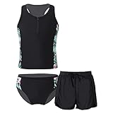 Alvivi 3PCS Mädchen Bikini Tankini Set Tank Top+Shorts Badehose Badeanzug Bademode Kinder Badebekleidung Schwimmanzug Sport Set Schwarz 158-164