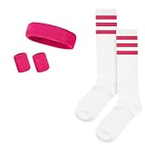 Schweissband und Socken Set,Tennissocken,Weiß,Rosa,Jahre Schweißband Gestreiftes Stirnband,Gestreifte Hohe für Damen Herren Fasching SchweißBänder Sport Laufen,Radfahren Karneval Kostüme Party,Pink