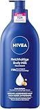 NIVEA Reichhaltige Body Milk, intensiv pflegende Körpercreme mit purem Hyaluron, Mandelöl und Tiefenpflege Serum, Lotion für trockene Haut (625 ml)