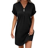 NAFING Musselin Kleid Damen Sommer V-Ausschnitt Luftige Tunika Kleid Einfarbige mit Knöpfen Lässiges Kurzarm Sommerkleid Leicht Musselin Bluse Kleid Boho Strandkleider A-Linie Kleid Freizeitkleid