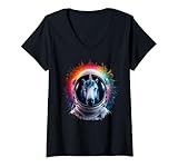 Damen Einhorn Herren Frau Einhorn Bunt Weltraum Astronaut Einhorn T-Shirt mit V-Ausschnitt