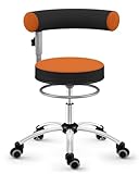 Sanus®-Gesundheitsstuhl | Rollhocker mit 360° Lehne, höhenverstellbarer Lehne, Sitzhöhe (46-54 cm), Stoffbezug orange/schwarz, Rollstopp-Rollen. Ergonomischer Bürostuhl, Erzieherstuhl