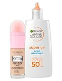 Maybelline New York Concealer Instant Age Perfector 4-in-1 Glow 01 Light Claire BB Cream Highlighter Primer 20 ml + Garnier Ambre Solaire Super UV Fluid LSF 50+ mit Hyaluronsäure 40 ml - 2er-Set