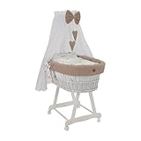 Wiklinopol Moseskorb mit Baldachin Lena – Baby-Stubenwagen aus Weide mit Gestell – Babykorb in Weiß, Komplettset mit 5-TLG. Waffel-Bettwäsche Kaninchen Beige – Mit Rollen, Tragbar, Sicher