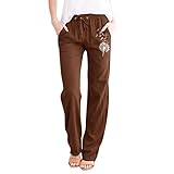 Sommerhose Damen Leicht Leinenhose Musselin Hosen Loose Stoffhose Einfarbig Freizeithose Gerade Geschnitten Hose mit Taschen Straight Leg Pants Casual Strandhose Baumwolle Bequeme Jogginghose