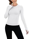 IECCP Sport T-Shirt Damen Gym Shirt Sportshirt Langarm Leicht Atmungsaktiv Yoga Top Laufen Workout Oberteile Laufshirt mit Daumenlöcher Weiß S