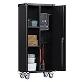 SUPEER Metall Besenschrank, Putzmittelschrank, Mehrzweckschrank, Metall Garage Aufbewahrungsschrank mit Rädern, Besen Schrank Aufbewahrungsschrank mit hängender Stange180x80x40cm(Schwarz)