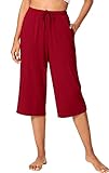 WiWi Caprihose für Damen, Viskose aus Bambus, weites Bein, Pyjama mit Taschen, weicher Strick, Lounge-Schlafhose, Größe S-XXL, A-Wine Red, 46