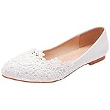 Jamron Damen Elegant Spitze Zehen Blume Spitzenbesatz Brautschuhe Pumps Weiche Sohle Ballerinas Weiß SN070435 EU41