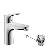 hansgrohe Focus - Waschtischarmatur mit Zugstangen-Ablauf, Wasserhahn Bad mit Auslauf Höhe 94 mm, Mischbatterie Waschbecken wassersparend (EcoSmart), Chrom, 31607000