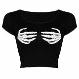 FAIRY BOUTIQUE Damen-Body mit Skelett-Druck, figurbetontes Mini-T-Shirt-Kleid, Schwarzes Crop-Top mit Händedruck, 50-52
