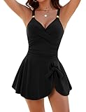 Nadeer Einteiliger Badeanzug Damen V-Ausschnitt Ruched Bauchweg Bademode Push Up Badeanzugkleid Schwimmanzug Elegant Metall Krawattenknoten Swimsuit