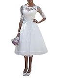 JAEDEN Vintage Spitze Brautkleider Hochzeitskleider Damen Knielang Standesamtkleid mit Ärmel Weiß EUR42
