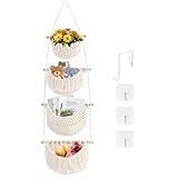 Yiomxhi 4 Stöckig Hängender Organizer Wand Hängekorb, Baumwollseil Hängeorganizer Tür Wandkorb mit 4 Haken, Abnehmbarer Obstkorb Boho Deko für Küche Kinderzimmer Wohnzimmer, Beige