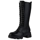 VAN HILL Damen Plateaustiefel Stiefel Blockabsatz Schuhe Plateau Schnürer Profilsohle Boots Plateau Vorne Schnürschuhe 203466 Schwarz 41