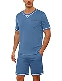 Demegimi Schlafanzug Herren kurz Kurzer Pyjama Baumwolle Sommer Shorty Pyjama Kurzarm T-Shirt mit einfarbiger Schlafanzughose