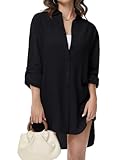 Tanmolo Damen Bluse V-Ausschnitt Hemdbluse Langarm Lässiges Hemd zum Knöpfen Langarmshirt Casual Oberteile Aufrollen Tops (Schwarz,L)
