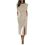 Etuikleid Damen Elegant Für Hochzeit Lang Cocktailkleid Business Kleid Hochzeitsgast Midi Mit Schlitz Abendkleid Festliche Kleider Knöpfe Midikleid Frauen Mit Taschen Sommerkleid Elegante