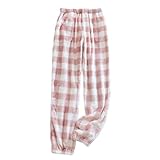 SilkTem Fleece-Thermo-Pyjama-Hose für Damen, superweiche karierte Lounge-Hose, Damen-Winter-Pyjama, Nachtwäsche, Loungewear, Pyjama-Hose, dicke Thermo-Jogginghose (rosa gebündeltes Bein, XS)