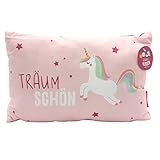 Dekohelden24 Kinder-Kuschel Kissen mit Einhorn/Aufschrift - Träum Schön - L/B/H ca. 40 x 13 x 23 cm, 100% Baumwolle