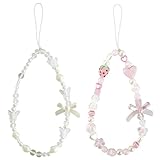 Yamobi 2er-Set Y2K Handyanhänger, Perlen-Handykette, Cute Keychain für Handyhülle, Beaded Phone Strap, Strawberry & Bow Bag Charm, Handyband, Pink Handyanhänger für Frauen