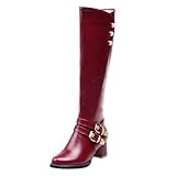 Kniehohe Reitstiefel für Damen, schwarzes Leder, goldene Schnalle, Gürtel, Stiefel, große Größe, hohe Fleece-gefütterte Damen-Gummistiefel, Herbst und Winter, wein, 44 EU