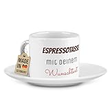 Tassendruck Espressotasse bedrucken mit 3 Zeilen Text - Personalisiert mit Namen, Spruch - Mittig gegenüber vom Henkel, Persönliches Geschenk für Kollegen, Keramik-Tasse mit Untertasse, 70 ml