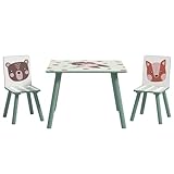 ZONEKIZ Kindertisch mit 2 Stühlen, 3tlg höhenverstellbar Kindersitzgruppe aus Holz mit niedliches Tiermotiv Sitzgruppe für Kinder Kindermöbel für Kinderzimmer, Kindergärten, 60 x 60 x 44 cm Grün