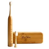 Elektrische Schallzahnbürste aus Bambus mit wiederaufladbarem Griff, 2 x biologisch abbaubare Bürstenköpfe, inklusive Reiseetui aus Bambus