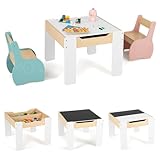 FANTASK Kinder Maltisch mit 2 Stühlen, 3 teilige Kindermöbel Sitzgruppe mit wendbarer & abnembarer Tischplatte (Bunt), 63,5 x 61,5 x 48 cm