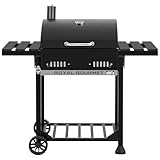 Royal Gourmet Holzkohlegrill Grillwagen mit klappbaren Seitenablagen, Smoker Standgrill mit Decekl, Thermometer, Kohlegrill Schwarz