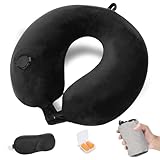 Cirorld Nackenkissen Flugzeug Aufblasbar, Reisekissen Flugzeug Nackenkissen, Nackenhörnchen Erwachsene, Aufblasbares Nackenkissen Reise mit Augenmaske und Ohrstöpsel(Schwarz)