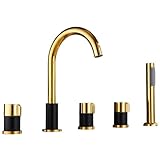 LYFHJD Brausekopf Set Wannenarmaturen Gold Badewanne und Dusche Wasserhahn Schalten Ventilgrad Drehbatterie Doppelhebel ausziehbare 5-Loch Wannenarmatur