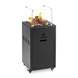 LANDMANN Gas-Feuerstelle | Outdoor | Terrassenfeuer mit Elektronische Zündung | 4 Rollen | Pulverbeschichtetes Stahlgehäuse | Dekorative Lavasteine und Holzscheite | Maße 46,5 x 46,5 x 110 cm