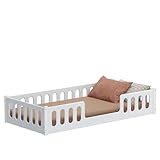 CADANI Monte 2in1 Bodenbett 90x200 cm Montessori Kinderbett Rausfallschutz abnehmbar - weiß, 37 kg schwer, bis 200 kg belastbar, extra starker Roll-Lattenrost, umbaubar