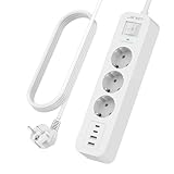 JSVER Steckdosenleiste mit 3 Steckdosen und 4 USB-Ladeanschlüssen, Mehrfachsteckdose zur Wandmontage, Netzteil mit Schalter (3680 W, 16 A), Überspannungsschutz, USB mit Verlängerungskabe (White 3M)