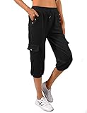 TOMEEK Caprihose Damen Jogginghose 3/4 Sporthose Hose Sommer Freizeithose Sweathose Shorts Einfarbig Baggy Kordelzug Taille Yogahose Trainingshose mit Seitentaschen(Schwarz,XL)