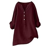 Musselin Bluse Damen Große Größen- Tunika Oversize-Henley Shirt Damen Langarm V Ausschnitt Hemd Einfarbige Blusen Blusenshirt Locker Longbluse Hemdbluse Herbst Top Elegante Freizeithemd