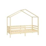 Bellabino Abia Kinderbett 90x200 cm – Hausbett mit Matratze, Rausfallschutz & Lattenrost – Montessori Kinder Bett aus Massivholz Kiefer – Kinderhausbett für Jungen und Mädchen in Natur