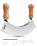 PROKITCHNE Wiegemesser Zweischneidig 17,3 cm, Kräuterschneider aus Edelstahl, Pizzamesser mit Holzgrif zum Zerkleinern von Kräutern & Gewürzen